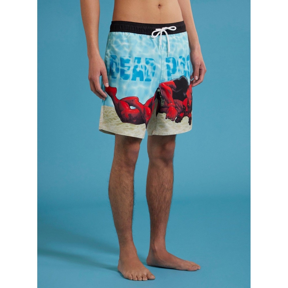 Marvel Deadpool‎ Beach Swim Trunks Mens Medium Blue Black Drawstring Shorts